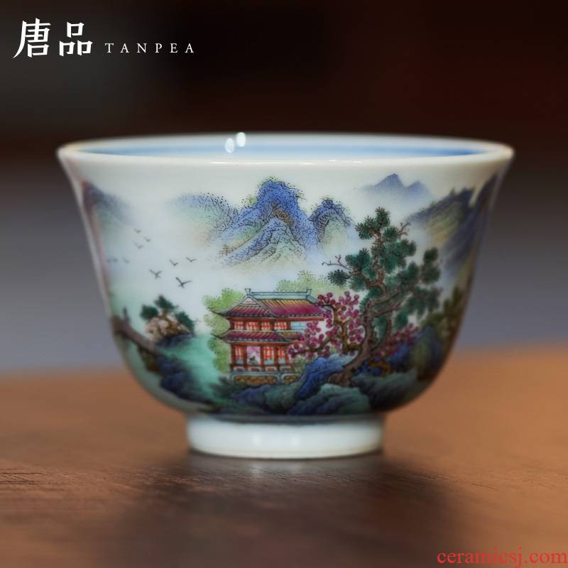 Kung fu tea cups pastel blue and white painting of flowers and green landscape master cup inside the sample tea cup jingdezhen ceramic cups single CPU