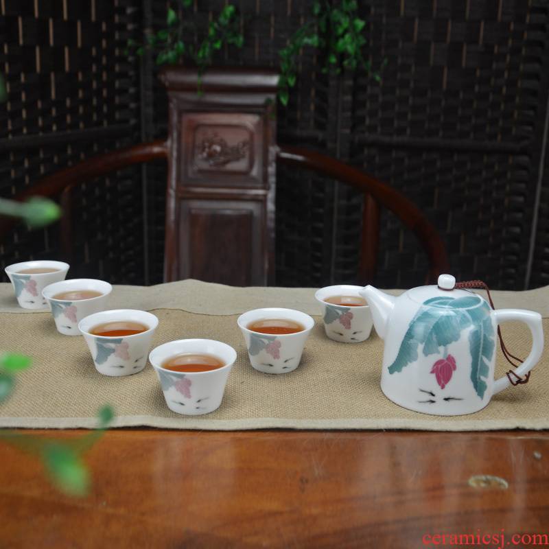 Tea sets a complete set of ceramic kung fu Tea set under the glaze color hand - made teapot six cups work home Tea gifts