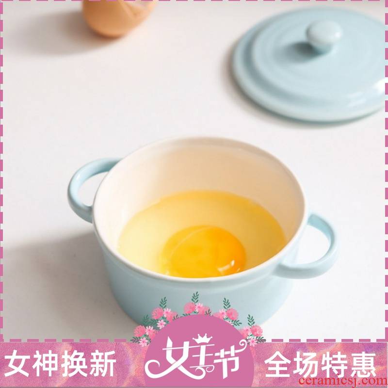 A Warm harbor, lovely ceramic ears small bowl of soup bowl with cover steamed egg custard cup chicken baby children assist the food bowl of sweet