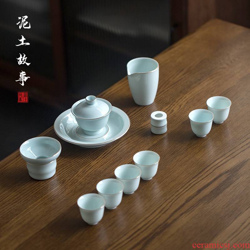 Earth story of a complete set of shadow celadon kung fu tea sets ceramic tea set tureen) to the other shore flower cups