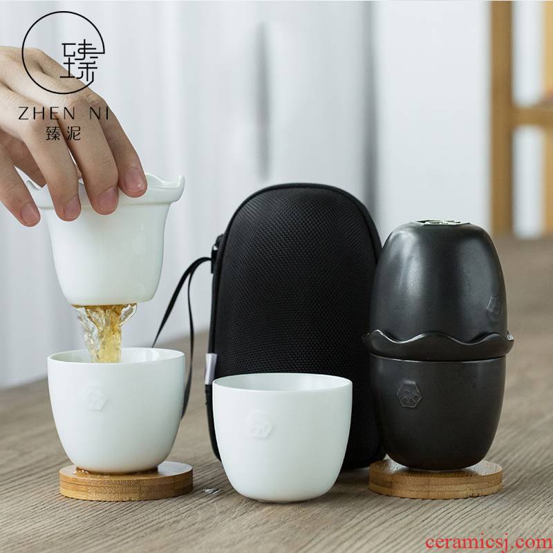 By mud crack glass ceramic pot of two cups of a portable travel kung fu tea set office enamel - lined filter cups