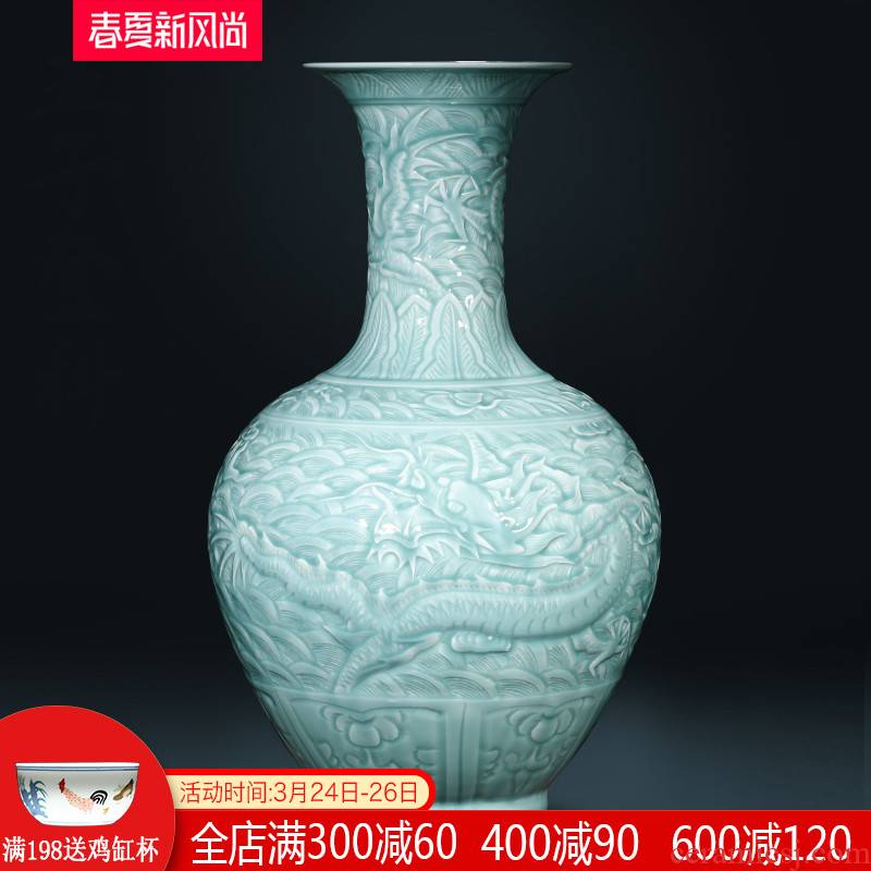 Jingdezhen ceramics pure manual shadow blue glaze carving dragon large vases, flower arranging new Chinese style living room furnishing articles