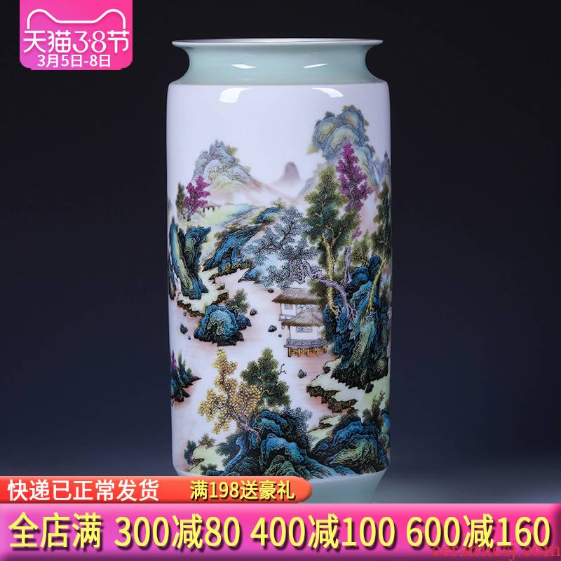 Jingdezhen ceramics green glaze landscape painting and calligraphy tube quiver scroll sitting room place, the study of large cylinder vase