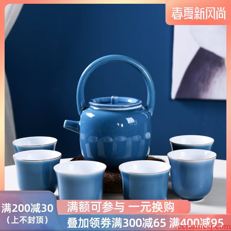 Japanese girder pot of large - sized ceramic kung fu tea set domestic large - capacity cold cold water teapot teacup ji blue