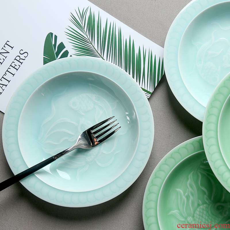 Longquan celadon creative fish plate tray was home 8 inch round plate disc Chinese soup plate steak breakfast tray
