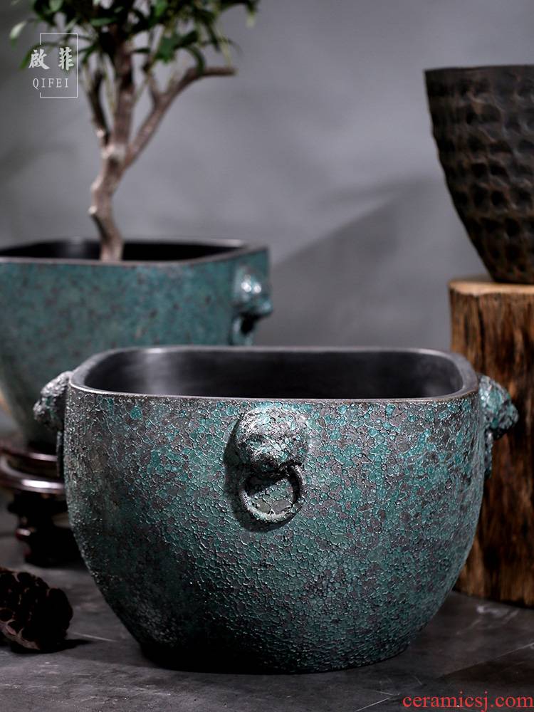 Jingdezhen earthenware coarse pottery ancient ceramic VAT aquarium fish turtle water lily cylinder engraving tank a goldfish bowl
