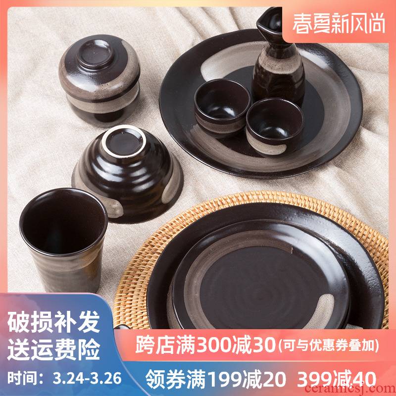 Black temmoku yuquan 】 【 Japanese dishes dishes suit retro checking ceramic bowl home plate