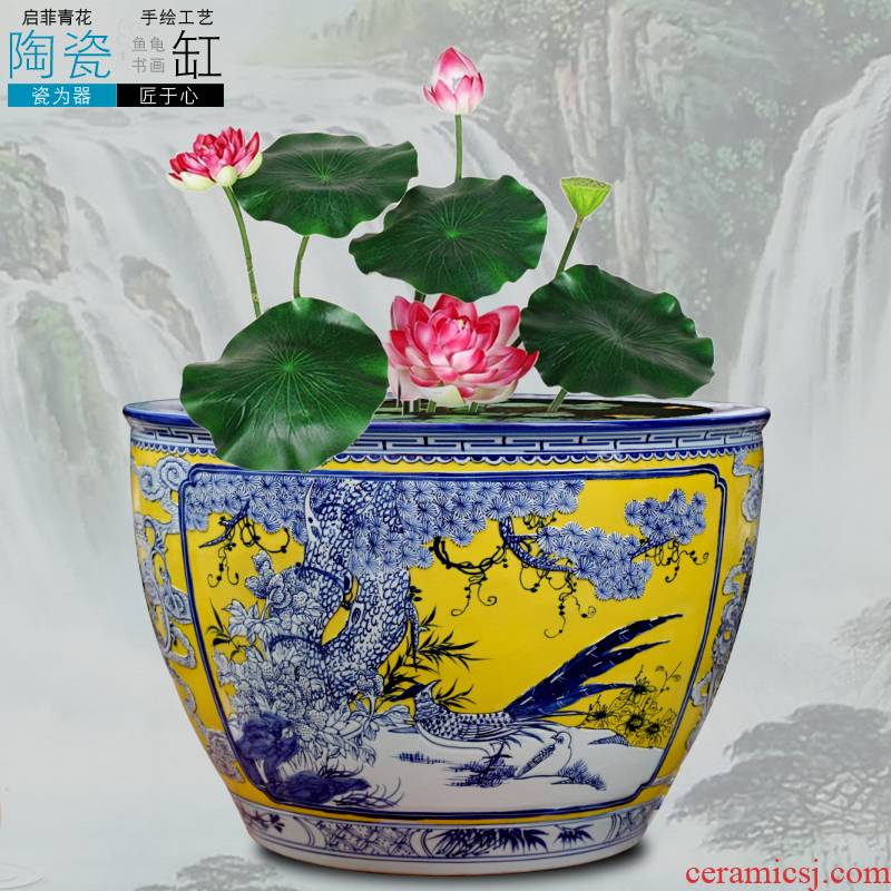 Jingdezhen carved flowers and birds ceramic aquarium goldfish turtle slept bowl LianHe flowerpot cylinder big flowerpot backyard furnishing articles