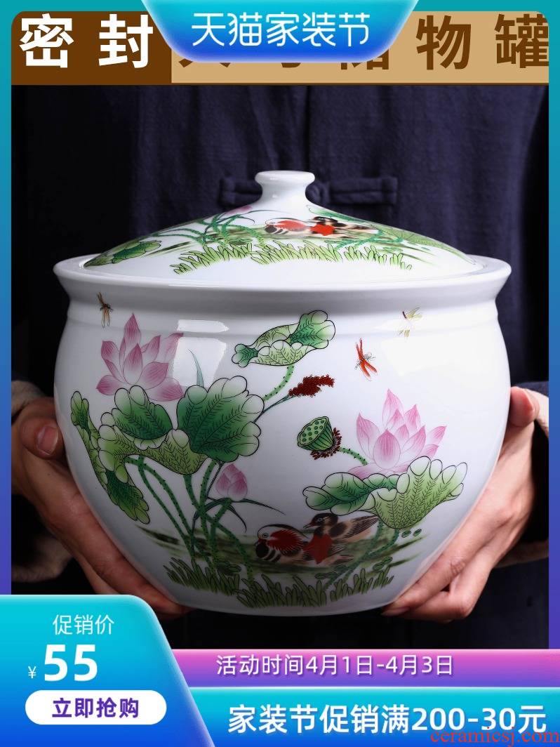 Jingdezhen ceramic barrel ricer box 5 jins of 10 jins home outfit ricer box sealing bin moistureproof insect - resistant rice flour
