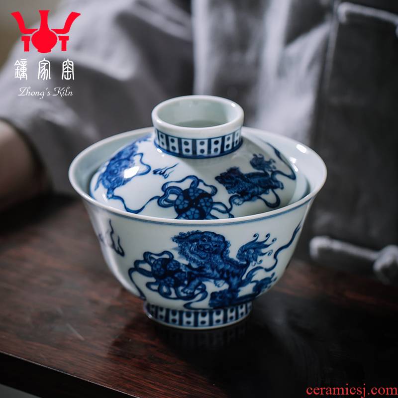Tureen single clock home up jingdezhen blue and white wood pure manual only three bowls of the lion as Tureen tea bowl