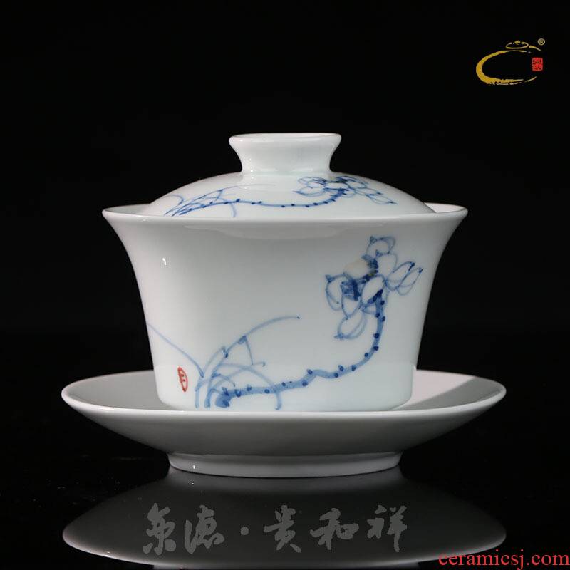 Jing DE and auspicious ceramic cups manual blue - and - white only three large bowl of tea bowl lotus tureen tea cups