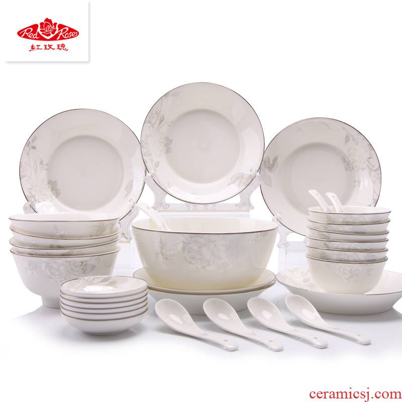 Tangshan ipads bowls disc household utensils red roses ipads China continental ipads porcelain tableware housewarming gift set
