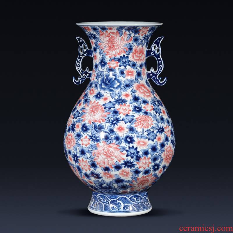 Jingdezhen ceramics imitation qianlong hand - made the ears of the blue and white porcelain vase antique Chinese wine TV ark, furnishing articles