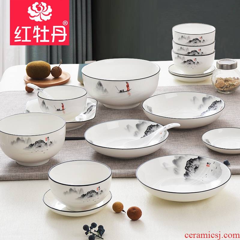 Red peony special glair dishwasher tableware suit ceramic dishes suit home dishes chopsticks rice bowls