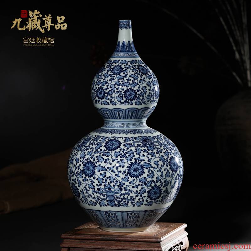 Jingdezhen porcelain vases, antique hand - made gourd sitting room porch the study process of blue and white porcelain decorative furnishing articles