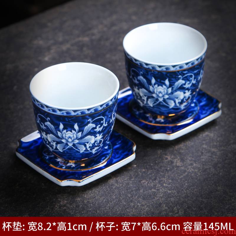 Big cup suit household ceramic cup kung fu tea cup single cup sample tea cup blue and white porcelain zen Big mat to use