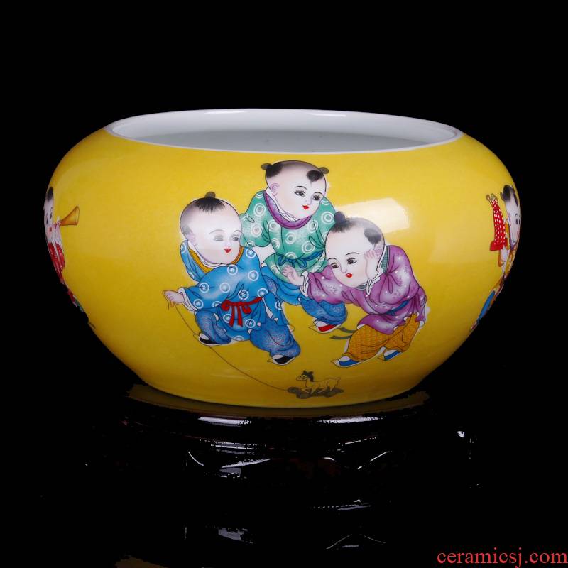 Jingdezhen ceramics yellow glaze the lad goldfish turtle cylinder shallow modern home sitting room handicraft furnishing articles