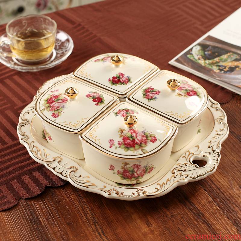 European ceramic fruit bowl dried fruit tray frame with cover sitting room snacks household multifunctional candy box creative marriage