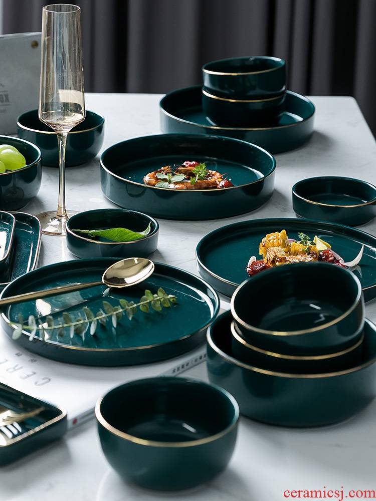 The dishes suit rice bowl chopsticks dishes home creative move web celebrity ins Nordic light key-2 luxury emerald ceramic tableware