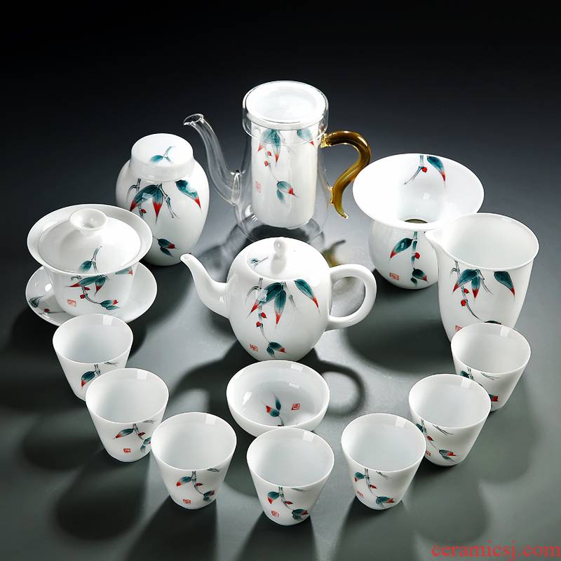 Dehua white porcelain kung fu tea set suit household hand - made tureen tea teapot tea cups of a complete set of suits for