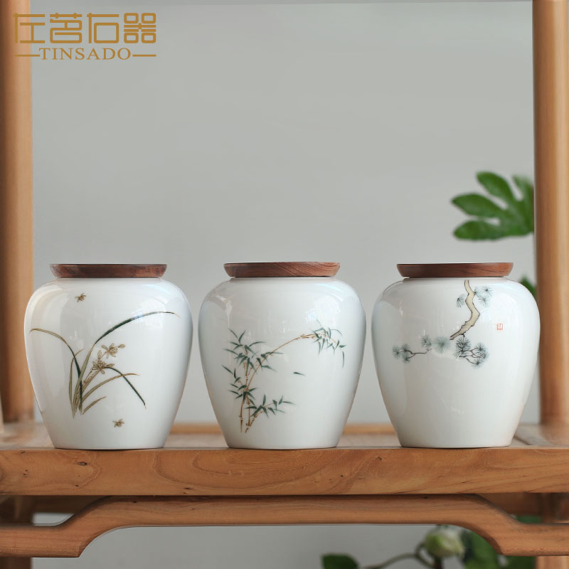 Jingdezhen blue white porcelain tea pot small hand - made tea warehouse large half jins deposit ceramic seal tank receives a catty