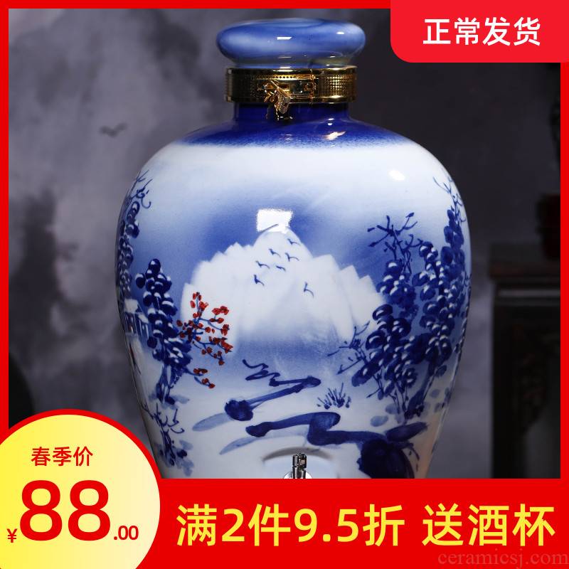 Jingdezhen blue and white porcelain mercifully bottle 10 jins 20 jins 50 kg liquor altar ceramic empty it home wine jar tap