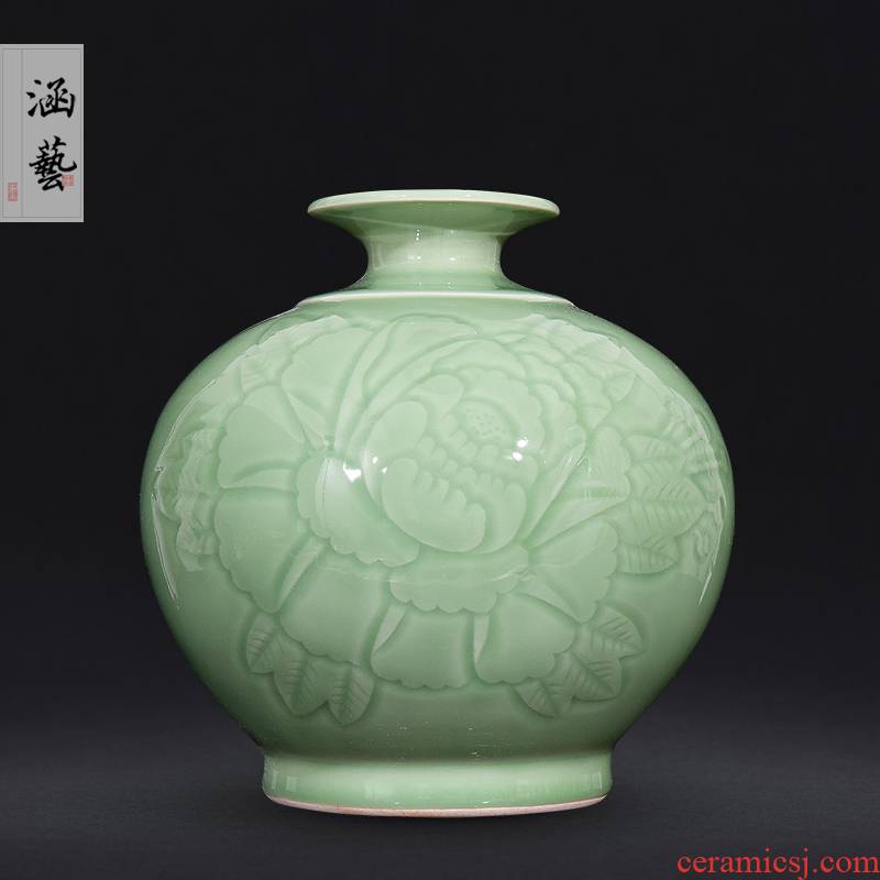 Jingdezhen ceramics shadow blue vase peony Chinese wine sitting room porch home decoration carving gifts furnishing articles