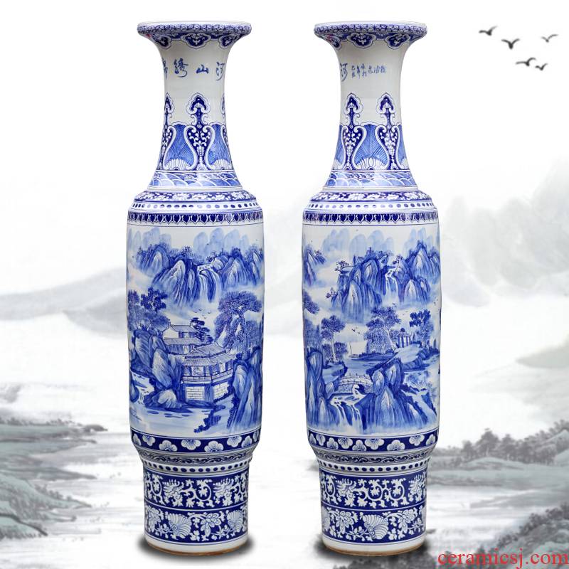 Jingdezhen blue and white porcelain hand - made splendid sunvo landscape painting of large vases, sitting room hotel lobby company in furnishing articles