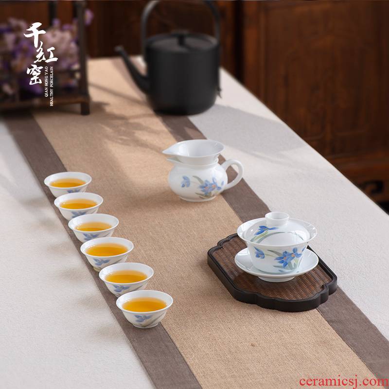 Thousand red up tea sets tea six small set of household contracted under the glaze color hand - made bluegrass kung fu tea set, ceramic