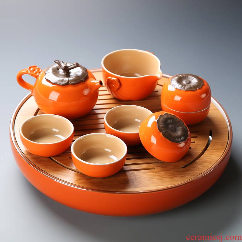 Kung fu tea set household contracted creative gift set tea sets all the best ceramic persimmon teapot teacup