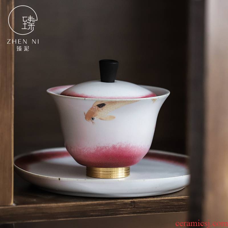 By mud tureen household ceramic bowl tea machine manual variable only three bowl of creative copper bottom insulation kung fu tea cups