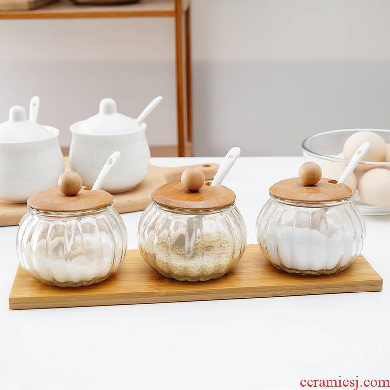 Kitchen glass condiment boxed set combined with creative household ceramics seasoning salt pot seasoning bottle