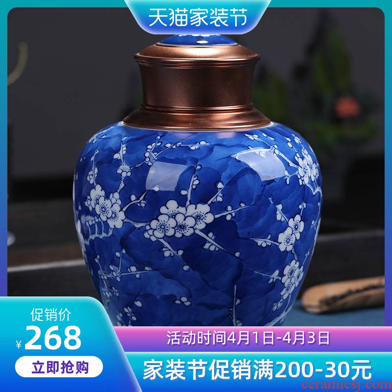 Blue and white porcelain of jingdezhen ceramics seal tea pu - erh tea packaging tin restoring ancient ways in the Chinese wind who was orange number