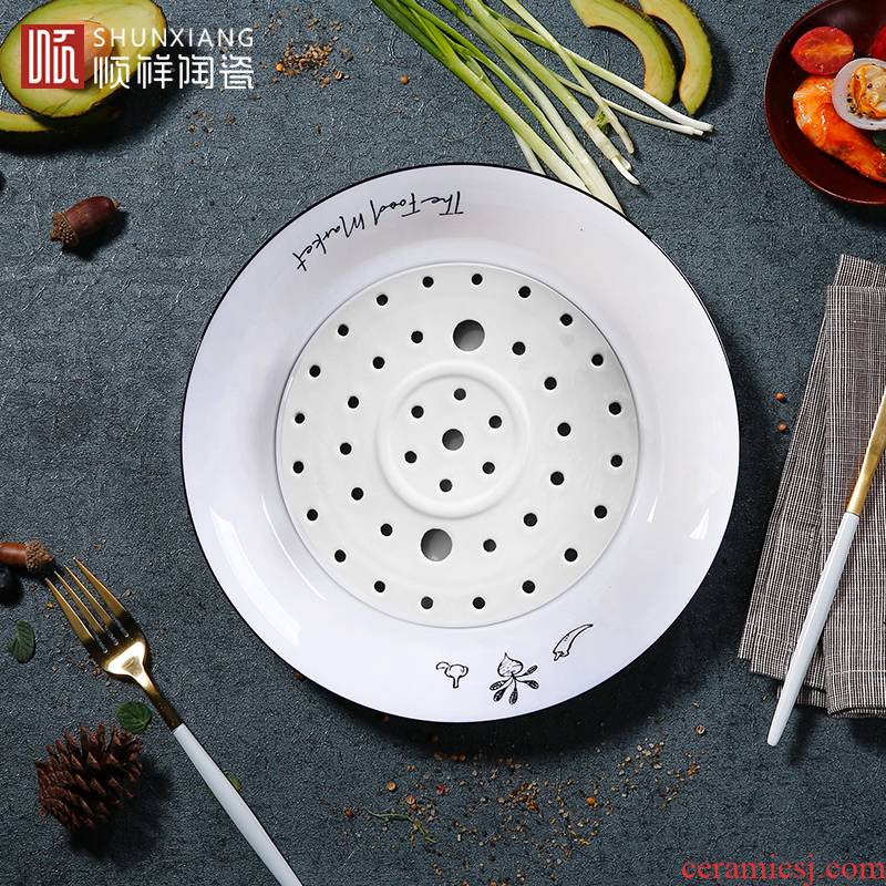 Shun cheung ceramic double disc home round steamed dumpling dish drop disc creative dumplings steamed fish dish plate plate plate
