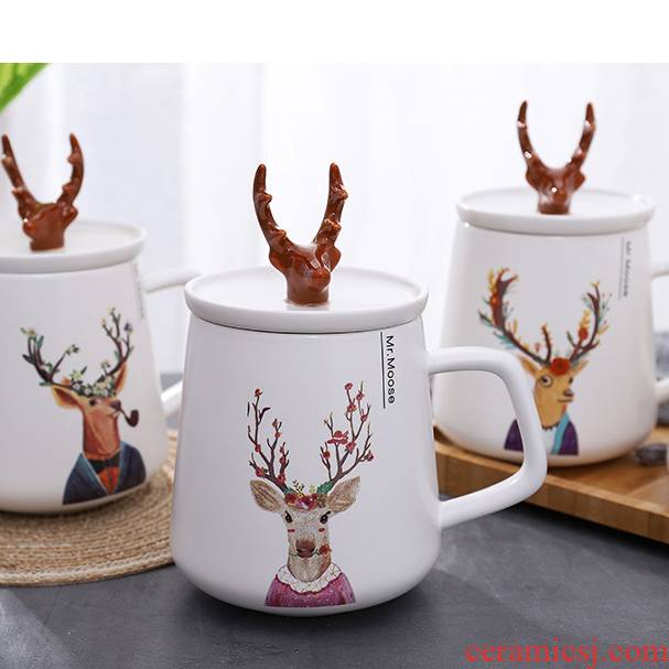 Love graces the Nordic hand - drawn does style with cover ceramic mugs ins creative antlers household water cup 400 ml