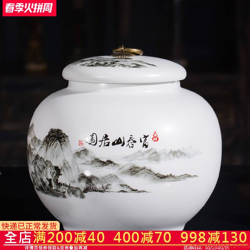 Jingdezhen ceramics large caddy fixings a kilo is installed sealed with cover household storage jar pu - erh tea warehouse