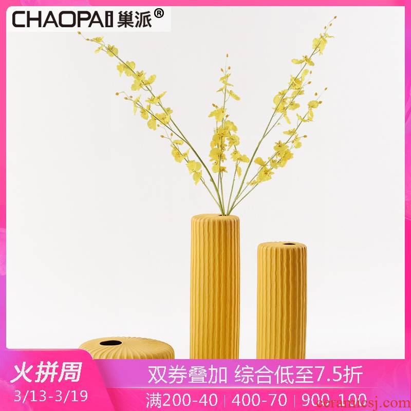 Yellow flower implement three - piece of new Chinese style in vase ceramics handicraft creative home sitting room ark, indoor decoration