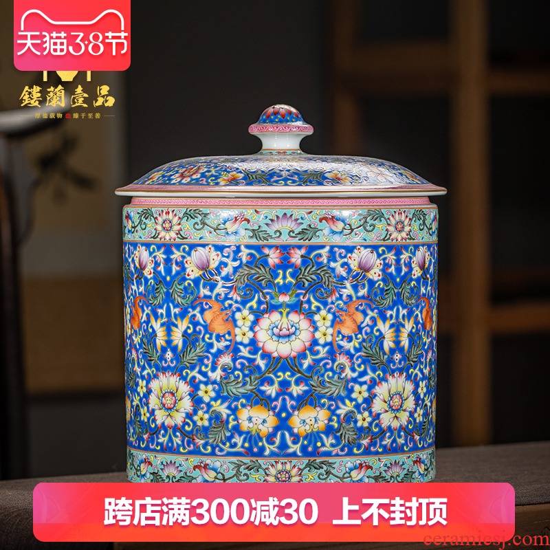 Jingdezhen ceramic all hand made blue and pastel bound branch lotus caddy fixings large - sized kunfu tea tea tea storage storehouse fitting
