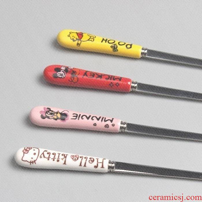 Korean creative coffee spoon, stainless steel mixing spoon, spoon, express it in cartoon ceramic long - handled spoon run out