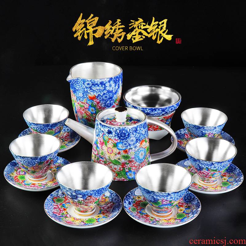 999 sterling silver tea set manually coppering. As silver teapot cup of a complete set of jingdezhen blue and white porcelain kung fu tea set