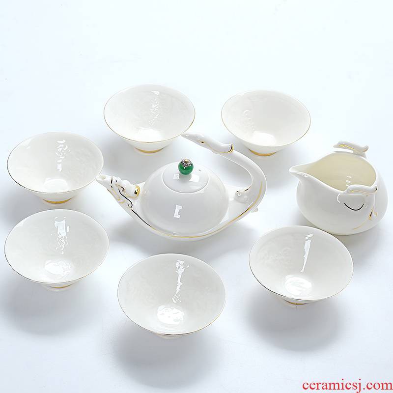 Dehua white porcelain kung fu tea set ceramic household contracted 6 people make tea Chinese tea cup lid bowl set