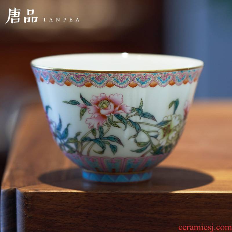 Powder enamel enamel floral cup all hand thin foetus master cup filled grain blooming flowers, jingdezhen ceramic gifts