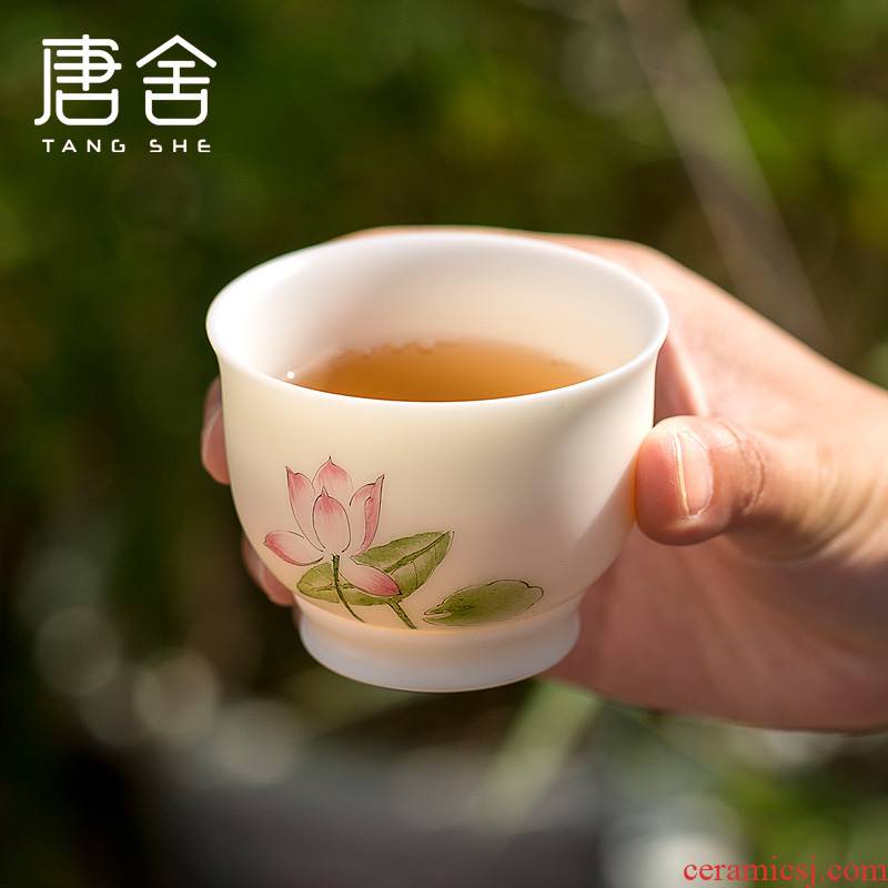 Tang dehua white porcelain shed suet jade hand draw lotus tea cup, bowl of household kung fu tea set personal sample tea cup