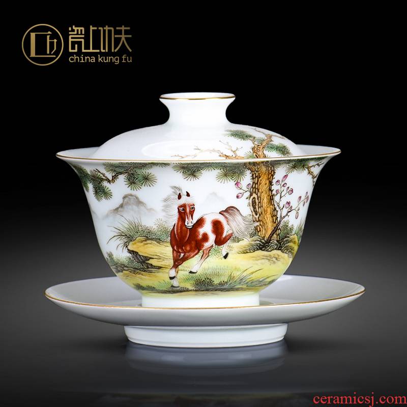 Jingdezhen colored enamel handpainted zodiac horses tea bowl ceramic cups kung fu tea set manually all three tureen