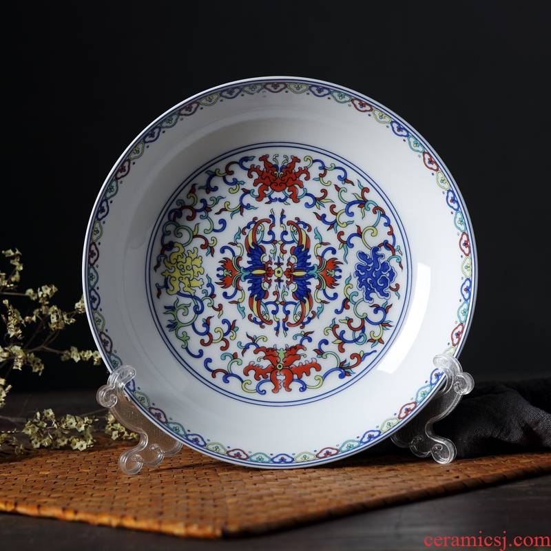 Jingdezhen antique plate Chinese blue - and - white ceramics steak plate household peacock 8 inches deep fruit dish dish dish