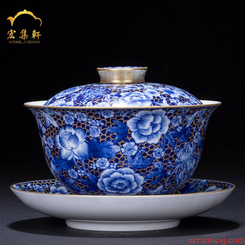 Blue and white tureen hand - made ceramic tea cup flower jingdezhen ceramics by hand three tureen kung fu tea tea bowl