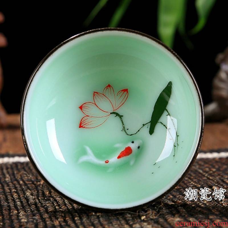 Ceramic celadon kung fu tea master cup single CPU hat to small cup to use hand made lotus carp tea cups