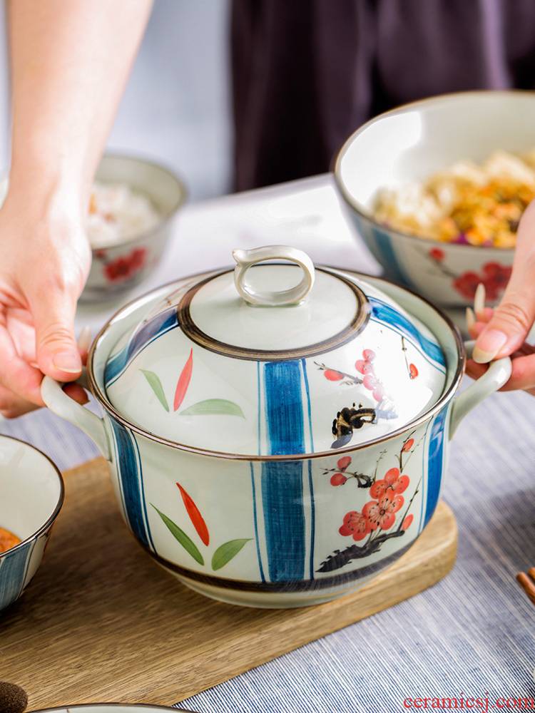 Porcelain color beautiful hand - made ceramic tableware with a lid soup basin anti hot ears stew creative move large soup bowl