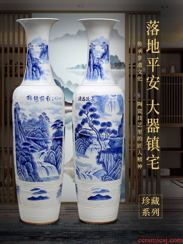 Jingdezhen landing big hand blue and white porcelain vase sitting room adornment porch hotel ceramics large furnishing articles