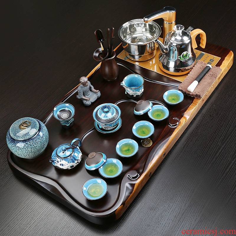 Solid wood carving kung fu tea tray was violet arenaceous elder brother up with household temmoku glaze of a complete set of tea sets tea sea automatic induction cooker